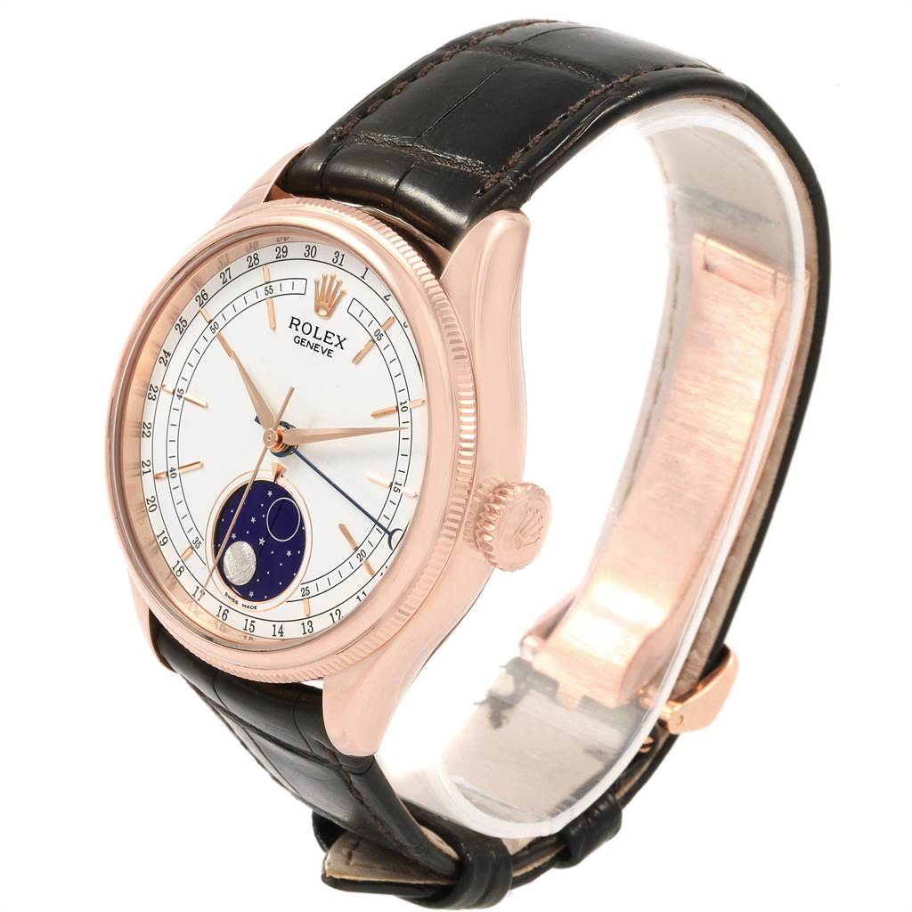 The image shows a Rolex Cellini 50525 Men's Rose Gold White Dial 50525 Men's Rose Gold White Dial wristwatch at a slight angle, displaying the face, crown, and leather strap.