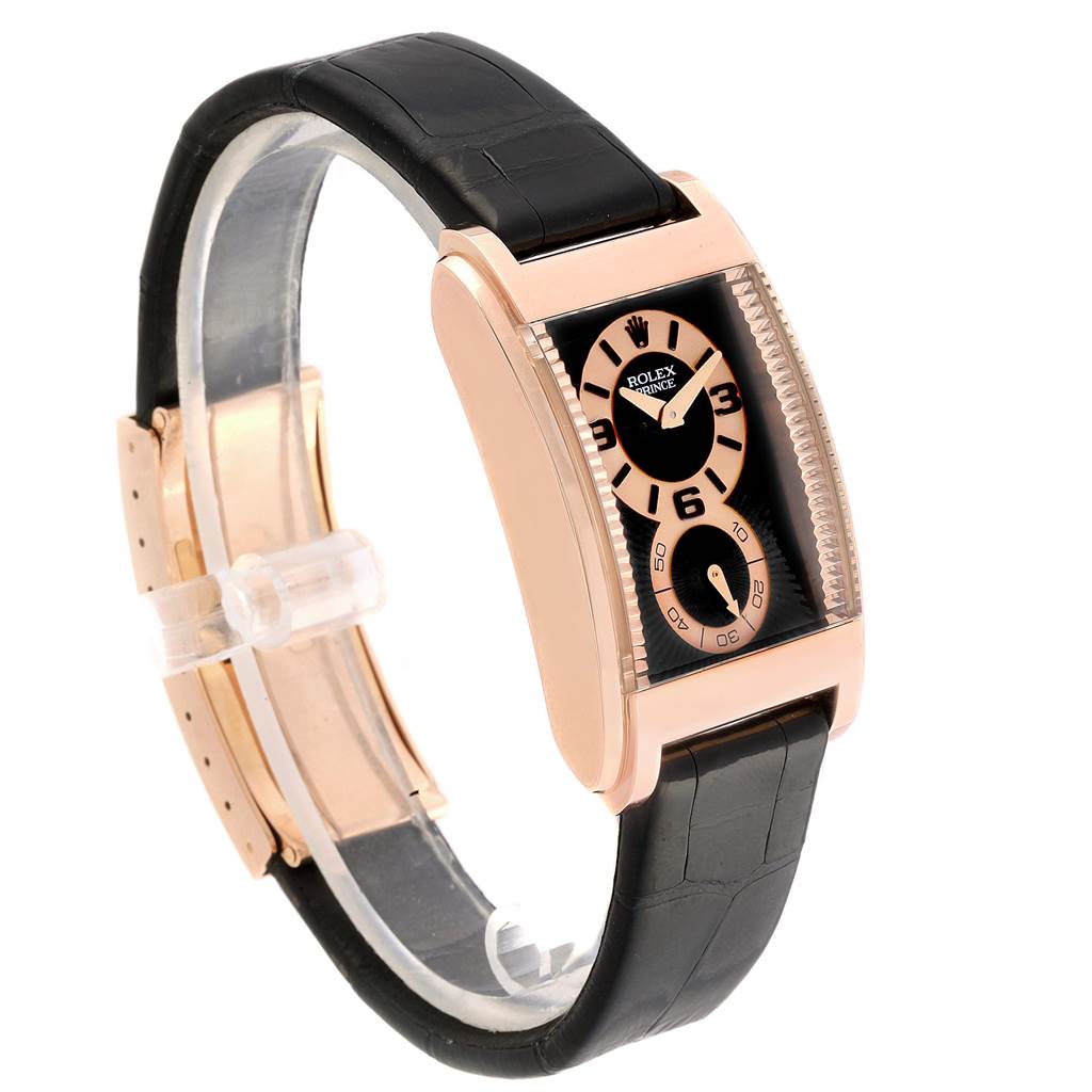 The Rolex Cellini 5442/5 Men's Rose Gold Black Dial 5442/5 Men's Rose Gold Black Dial model watch is shown at a three-quarter angle, featuring its face, strap, and clasp.