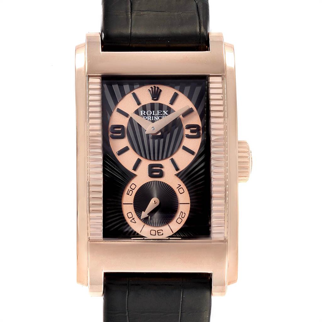 This image shows a front view of the Rolex Cellini 5442/5 Men's Rose Gold Black Dial 5442/5 Men's Rose Gold Black Dial Prince watch, featuring its rectangular dial and leather strap.