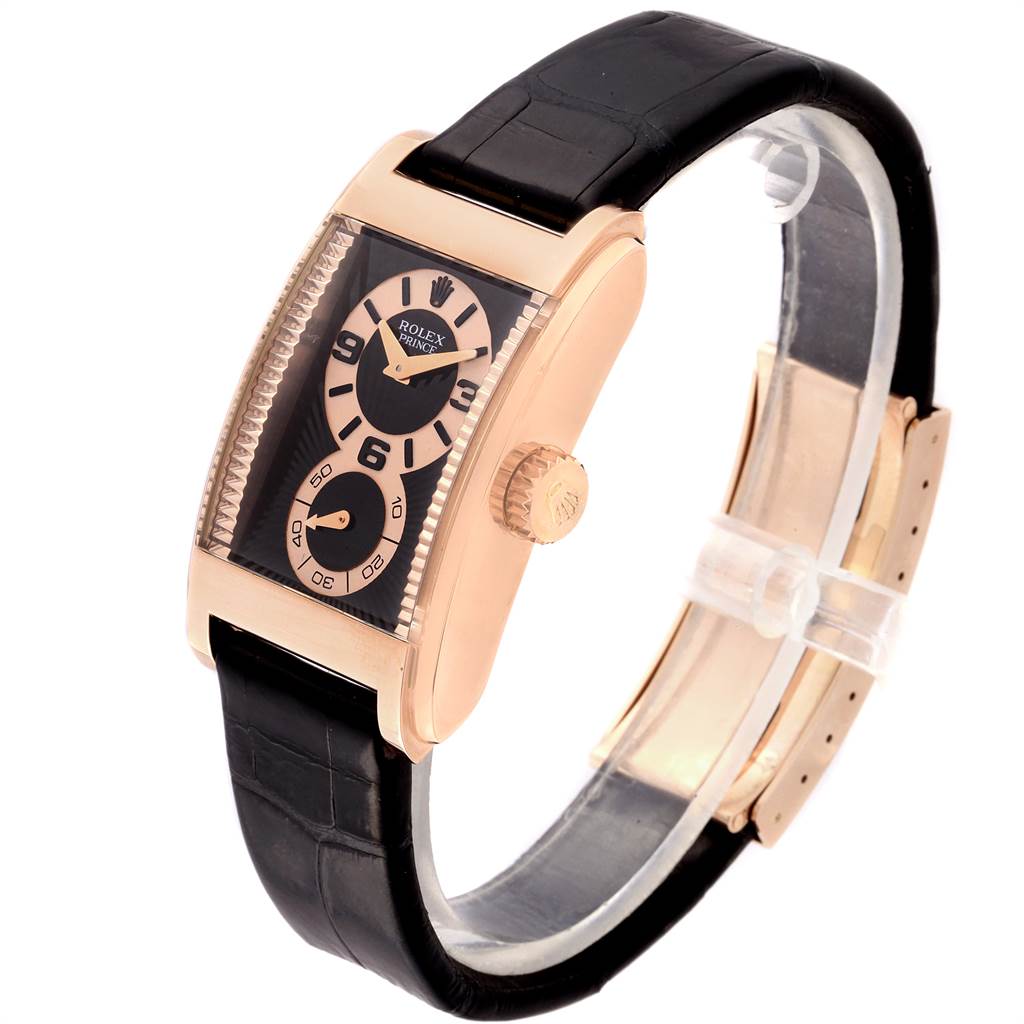 The Rolex Cellini 5442/5 Men's Rose Gold Black Dial 5442/5 Men's Rose Gold Black Dial watch is shown at an angle highlighting its dial, crown, and leather strap.