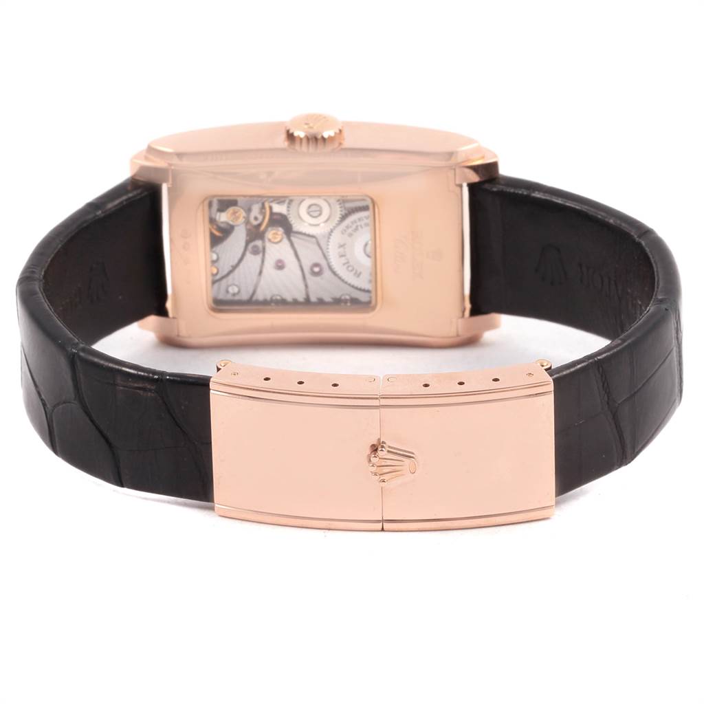 The image shows the back view of the Rolex Cellini 5442/5 Men's Rose Gold Black Dial 5442/5 Men's Rose Gold Black Dial watch, highlighting the clasp, strap, and visible internal mechanism.