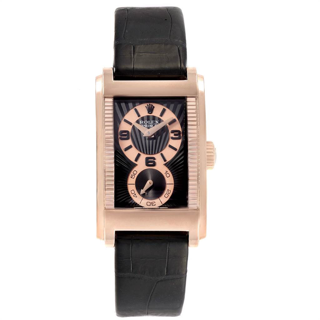 This image shows a frontal view of a Rolex Cellini 5442/5 Men's Rose Gold Black Dial 5442/5 Men's Rose Gold Black Dial watch, displaying its face, case, and strap.