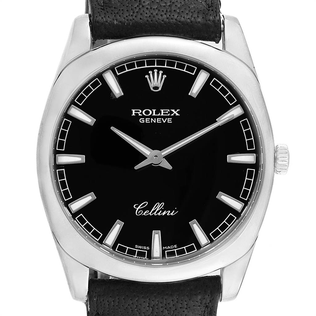 The image shows a front view of a Rolex Cellini 4243 Men's White Gold Black Dial 4243 Men's White Gold Black Dial watch, featuring its black dial, crown, and leather strap.