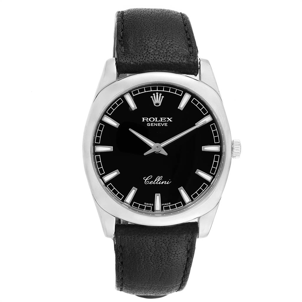 This image shows a Rolex Cellini 4243 Men's White Gold Black Dial 4243 Men's White Gold Black Dial watch from the front, highlighting the black dial, silver hands, and black leather strap.