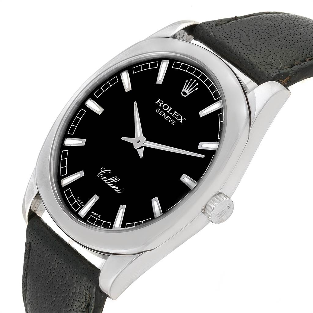 The image shows a Rolex Cellini 4243 Men's White Gold Black Dial 4243 Men's White Gold Black Dial watch from a front-side angle highlighting the black dial, silver hands, and black leather strap.