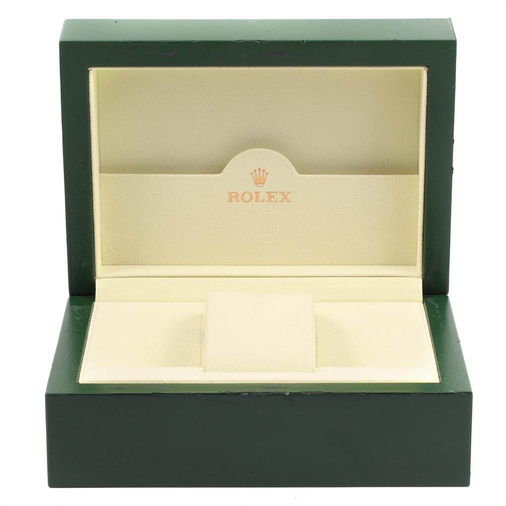 The image shows an empty green and beige Rolex Cellini 4243 Men's White Gold Black Dial 4243 Men's White Gold Black Dial watch box, viewed from the front with the lid open.