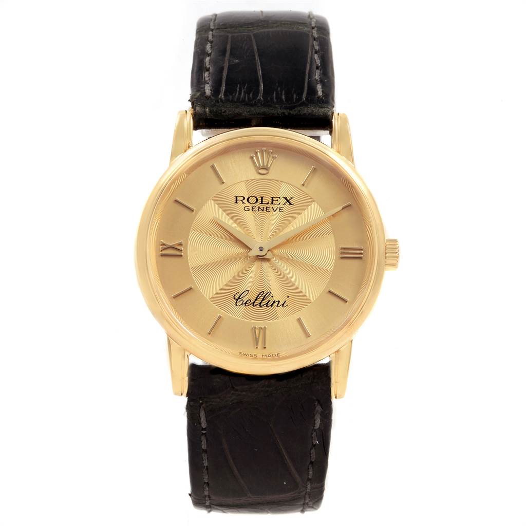 The image shows a front view of a Rolex Cellini 5116 Men's Yellow Gold Champagne Dial 5116 Men's Yellow Gold Champagne Dial watch, displaying its gold face and black leather strap.