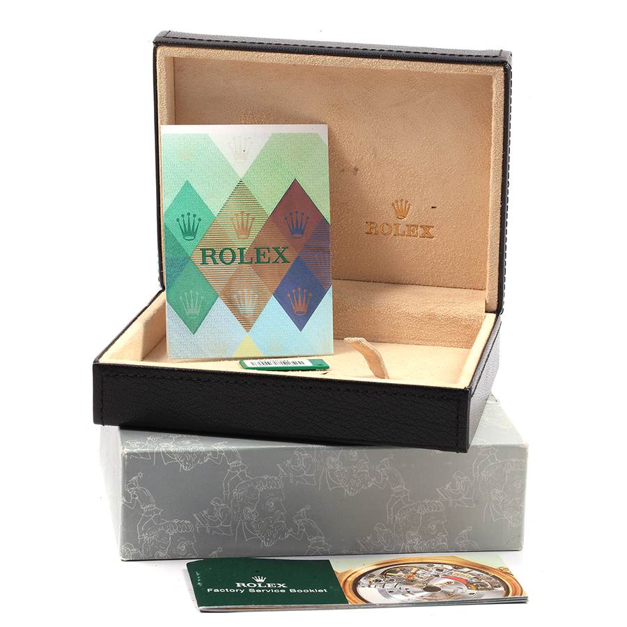 The image displays a Rolex Cellini 5116 Men's Yellow Gold Champagne Dial 5116 Men's Yellow Gold Champagne Dial watch box with booklets, seen from a front angle.