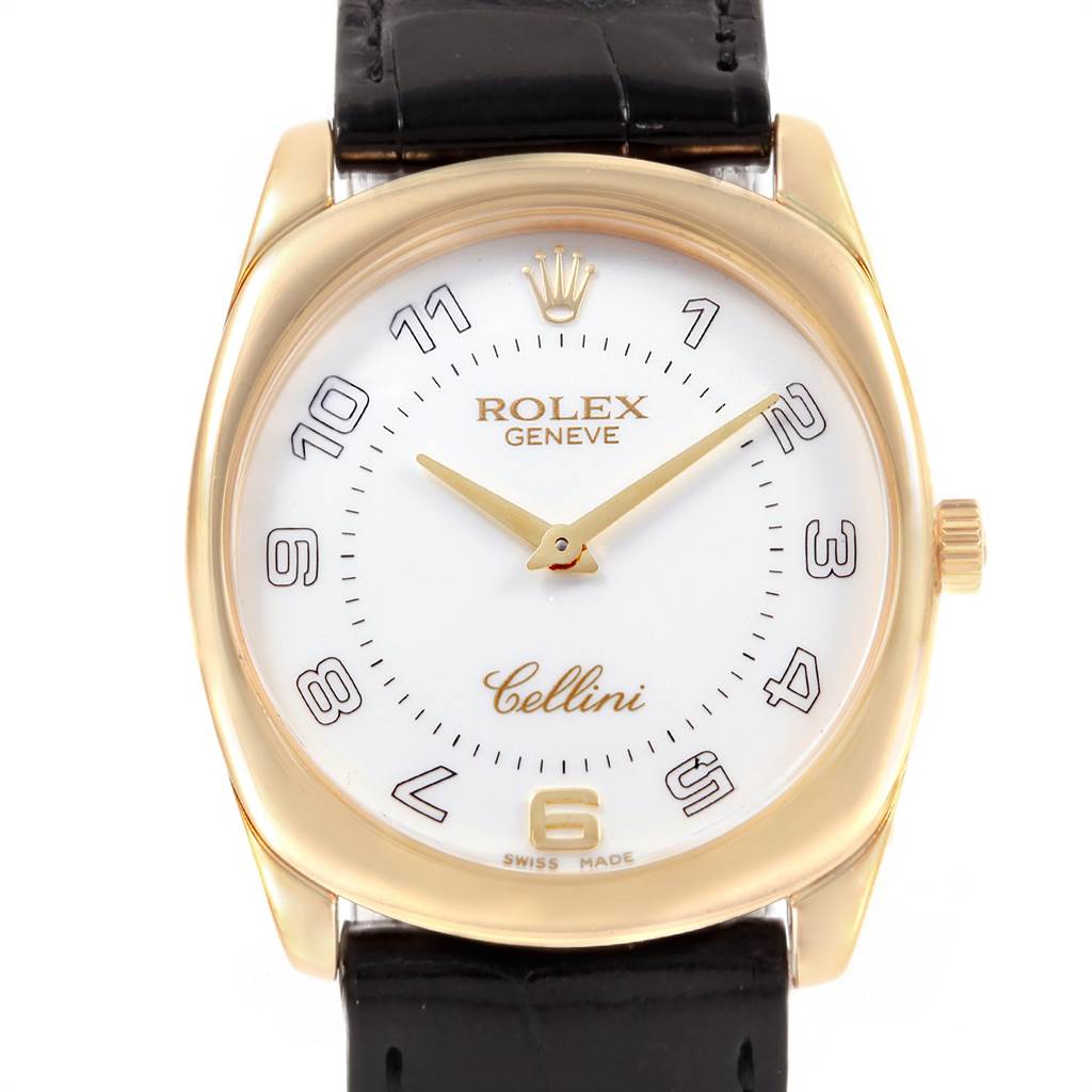 This Rolex Cellini 4233 Men's Yellow Gold White Dial 4233 Men's Yellow Gold White Dial watch is shown from a front angle, displaying the dial, hands, crown, and part of the leather strap.