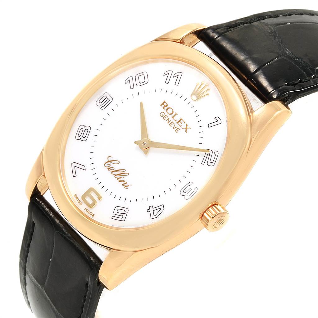 The Rolex Cellini 4233 Men's Yellow Gold White Dial 4233 Men's Yellow Gold White Dial watch is shown at an angled close-up, displaying the dial, crown, and part of the black leather strap.