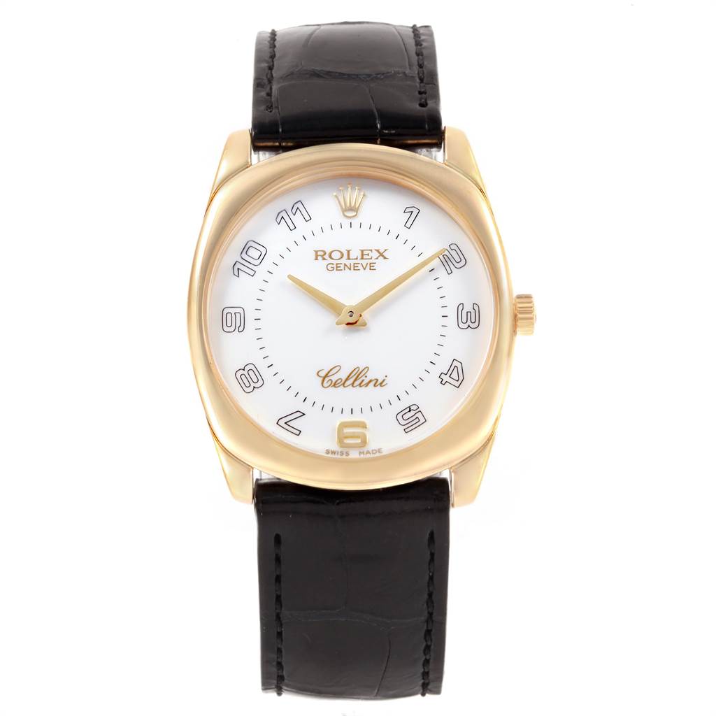 The Rolex Cellini 4233 Men's Yellow Gold White Dial 4233 Men's Yellow Gold White Dial watch is shown from a front angle, displaying the dial, hands, case, and leather strap.