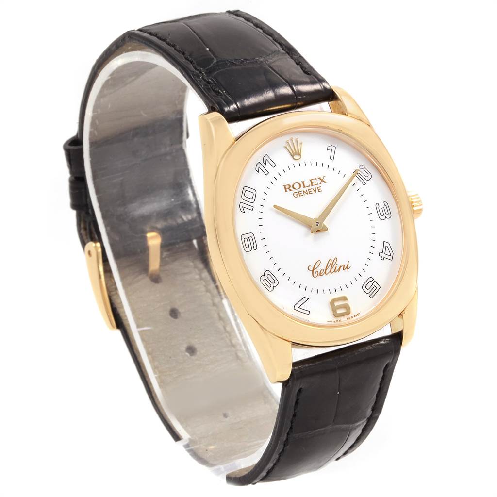 The Rolex Cellini 4233 Men's Yellow Gold White Dial 4233 Men's Yellow Gold White Dial watch is shown from a three-quarter frontal view, displaying its face, case, and leather strap.
