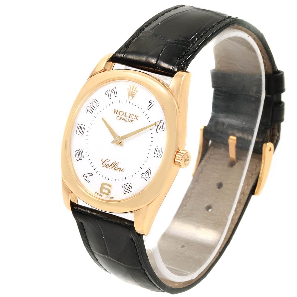 This image shows the front and side angle of a Rolex Cellini 4233 Men's Yellow Gold White Dial 4233 Men's Yellow Gold White Dial watch, highlighting its face, strap, and crown.