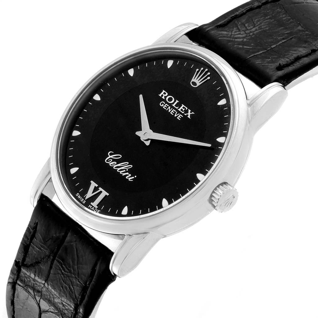 The image shows a Rolex Cellini 5116 Men's White Gold Black Dial 5116 Men's White Gold Black Dial watch at a slight angle, highlighting the black dial, crown, and leather strap.