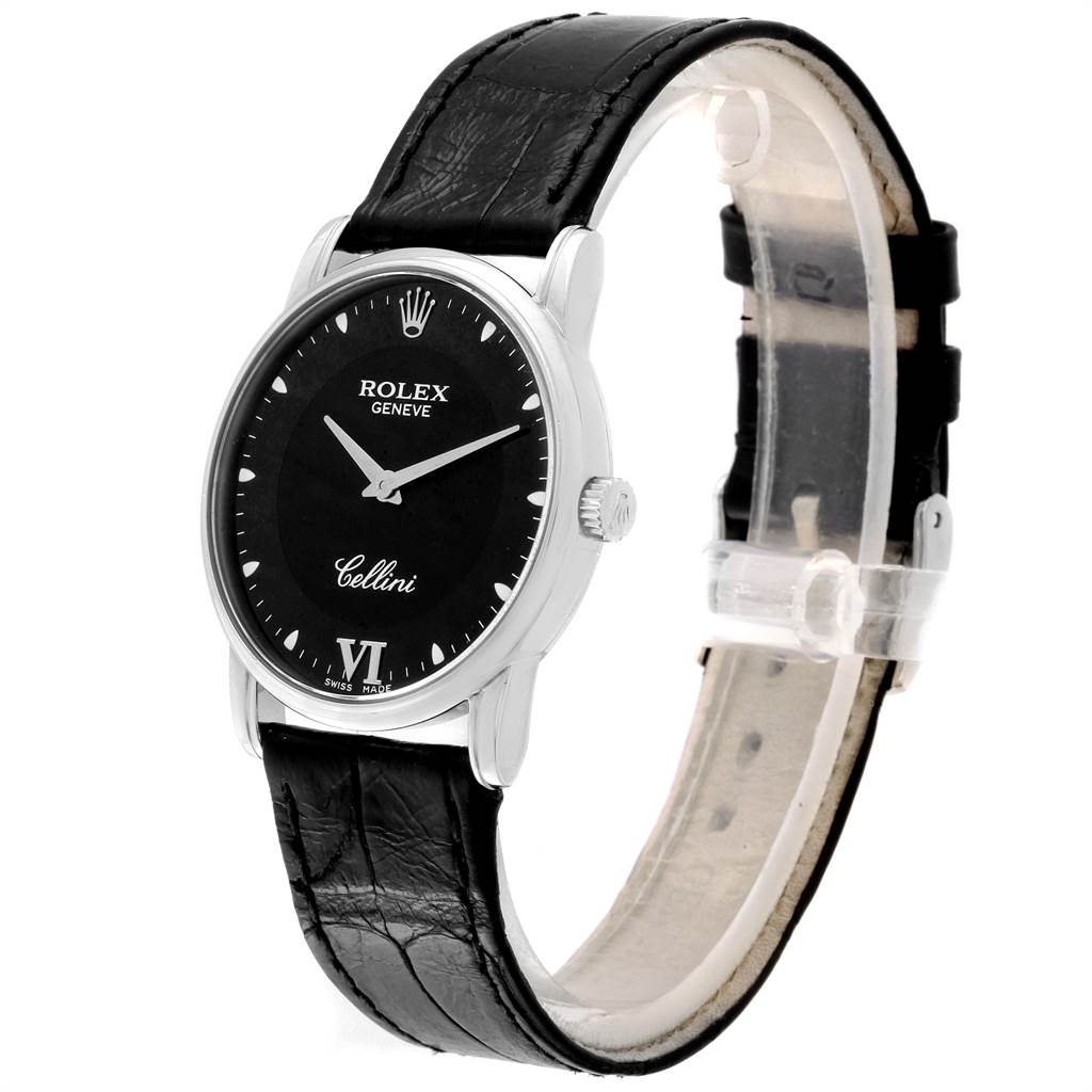 The image shows a Rolex Cellini 5116 Men's White Gold Black Dial 5116 Men's White Gold Black Dial watch from a three-quarter angle, highlighting its black dial and leather strap.