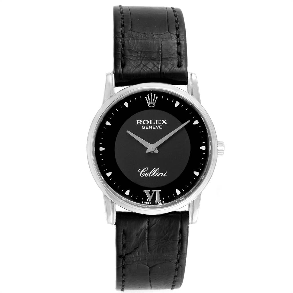 The image shows a front view of a Rolex Cellini 5116 Men's White Gold Black Dial 5116 Men's White Gold Black Dial watch with a black leather strap and black dial.