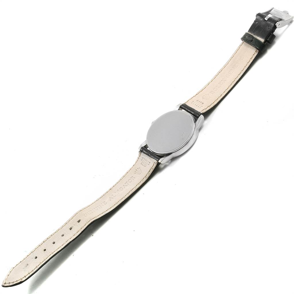 The image shows the back and leather strap of a Rolex Cellini 5116 Men's White Gold Black Dial 5116 Men's White Gold Black Dial watch, placed on a white background.