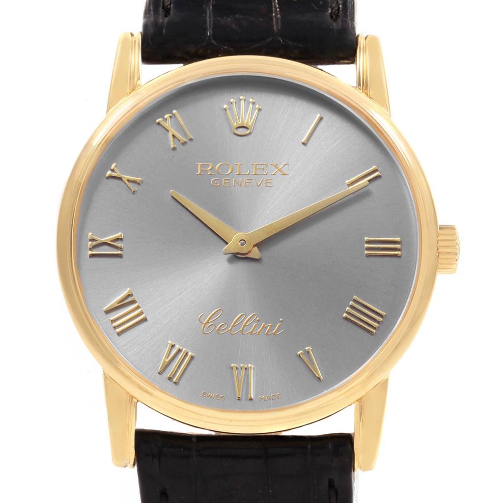 The image shows a Rolex Cellini 5116 Men's Yellow Gold Grey Dial 5116 Men's Yellow Gold Grey Dial watch in a front view, highlighting its dial, hands, bezel, and part of the strap.
