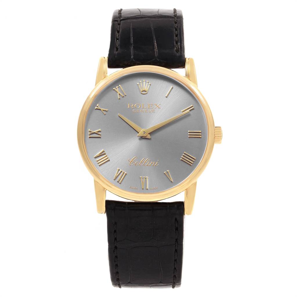 The image shows a frontal view of a Rolex Cellini 5116 Men's Yellow Gold Grey Dial 5116 Men's Yellow Gold Grey Dial watch with a gold case, silver dial, Roman numerals, and a black leather strap.