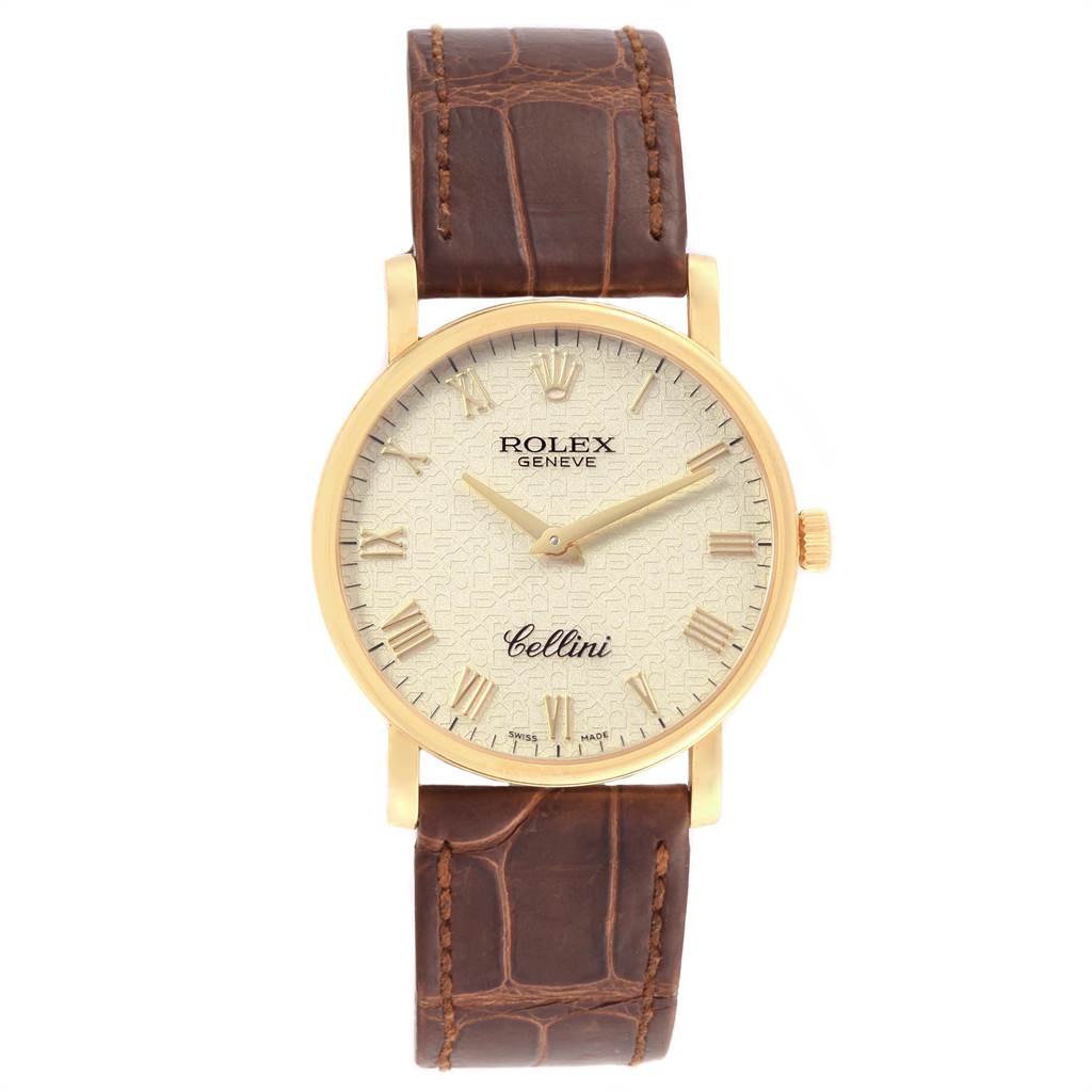 The image shows a front view of a Rolex Cellini 5115 Men's Yellow Gold Beige Dial 5115 Men's Yellow Gold Beige Dial watch, highlighting its dial, case, crown, and leather strap.