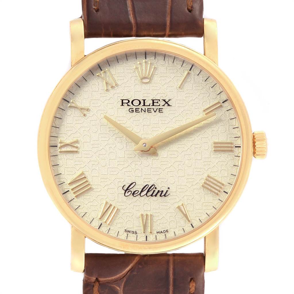 This image shows a front angle view of the Rolex Cellini 5115 Men's Yellow Gold Beige Dial 5115 Men's Yellow Gold Beige Dial watch, highlighting its face, dial, and part of the strap.