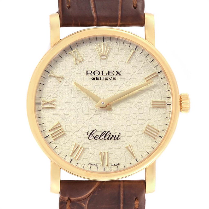 Rolex Cellini Classic Yellow Gold Brown Strap Mens Watch 5115 SwissWatchExpo
