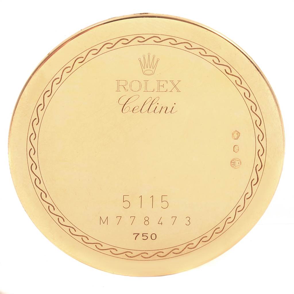 This image shows the back casing of a Rolex Cellini 5115 Men's Yellow Gold Beige Dial 5115 Men's Yellow Gold Beige Dial model, highlighting the brand and model inscriptions.