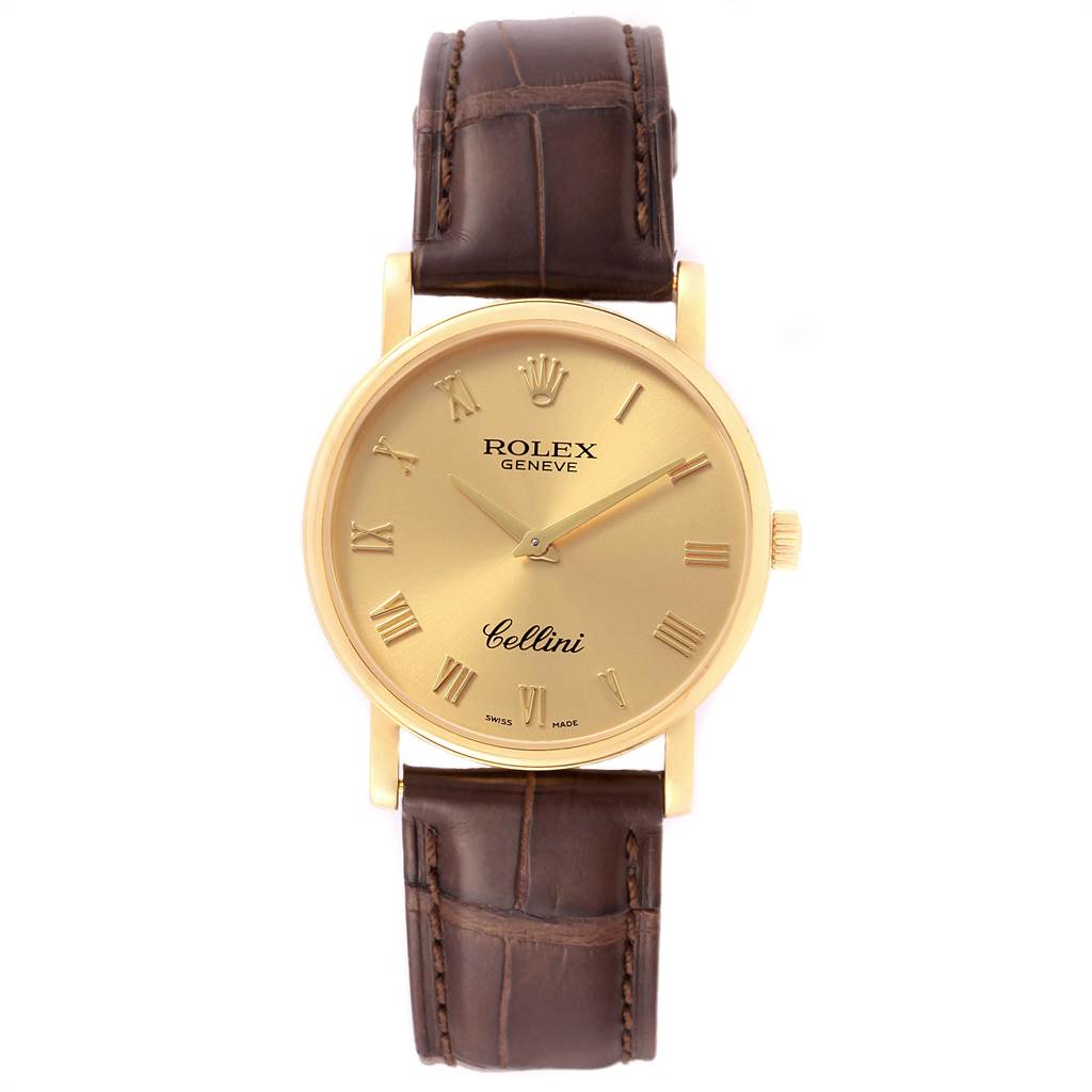 This image shows a front view of the Rolex Cellini 5115 Men's Yellow Gold Champagne Dial 5115 Men's Yellow Gold Champagne Dial watch with a gold dial and brown leather strap.