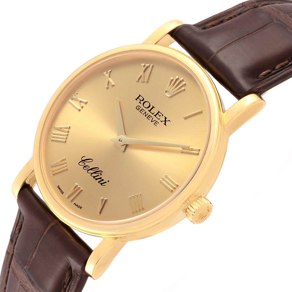 The image shows a close-up angled view of the dial and crown of a Rolex Cellini 5115 Men's Yellow Gold Champagne Dial 5115 Men's Yellow Gold Champagne Dial watch with a brown leather strap.
