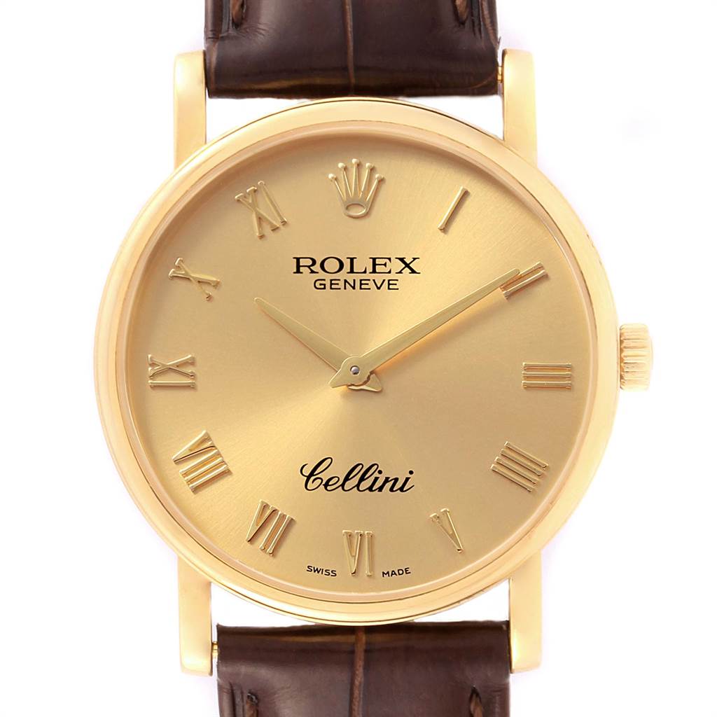 This image shows a front view of a gold Rolex Cellini 5115 Men's Yellow Gold Champagne Dial 5115 Men's Yellow Gold Champagne Dial watch with a brown leather strap.