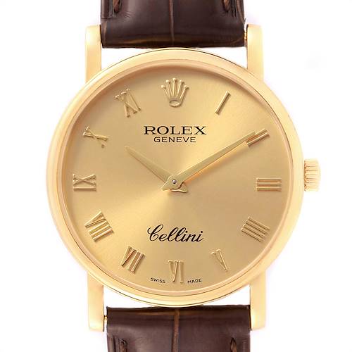 Photo of Rolex Cellini Classic 32mm Yellow Gold Brown Strap Mens Watch 5115