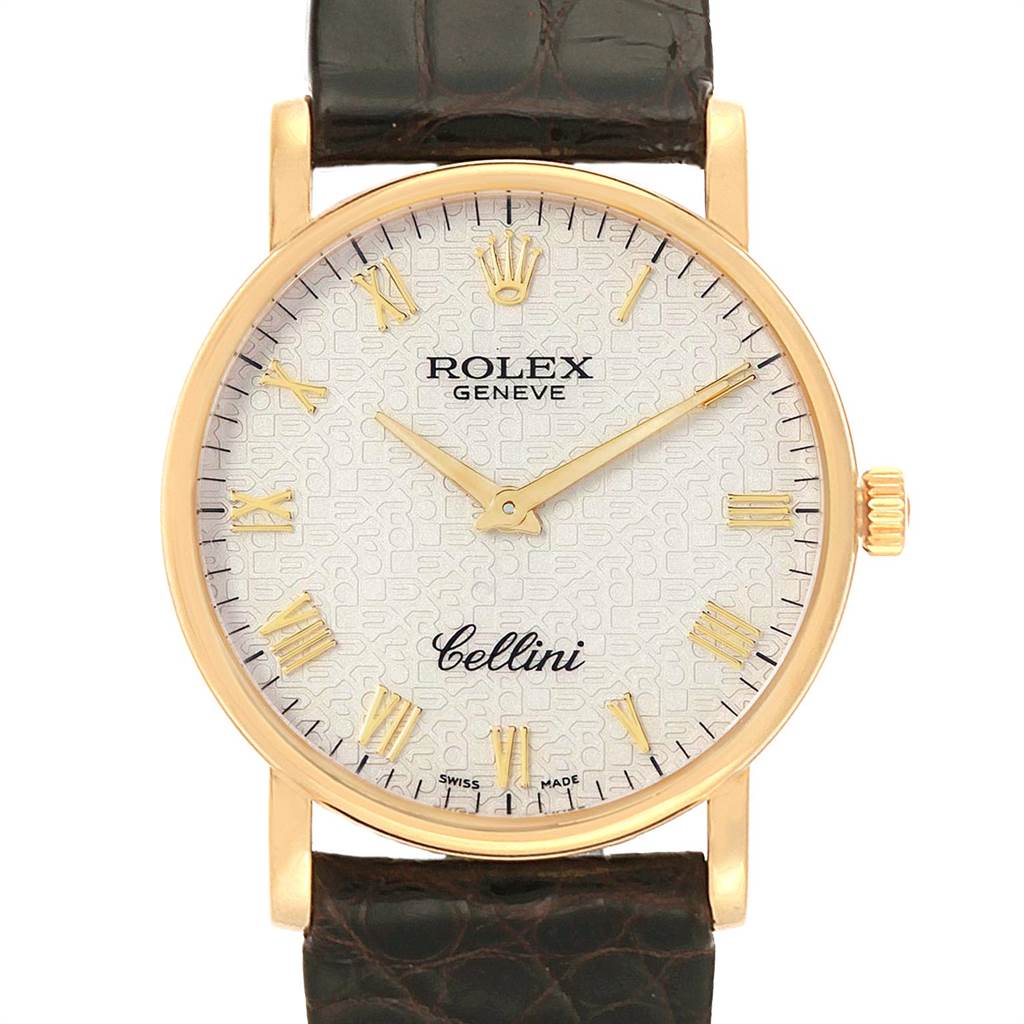 The image shows a front view of the Rolex Cellini 5115 Men's Yellow Gold Beige Dial 5115 Men's Yellow Gold Beige Dial watch, highlighting its dial, hands, case, and part of the black leather strap.