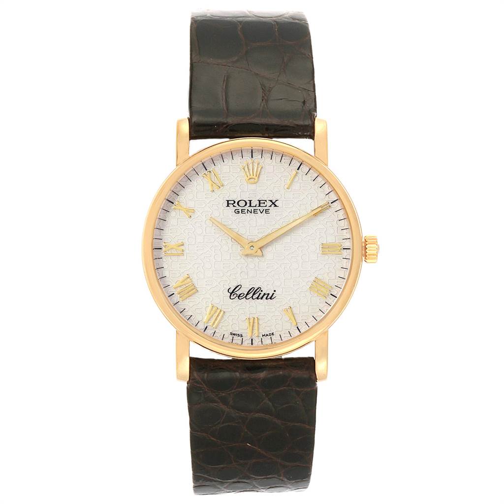 The image shows a front view of a Rolex Cellini 5115 Men's Yellow Gold Beige Dial 5115 Men's Yellow Gold Beige Dial watch, featuring the face, hands, bezel, and leather strap.