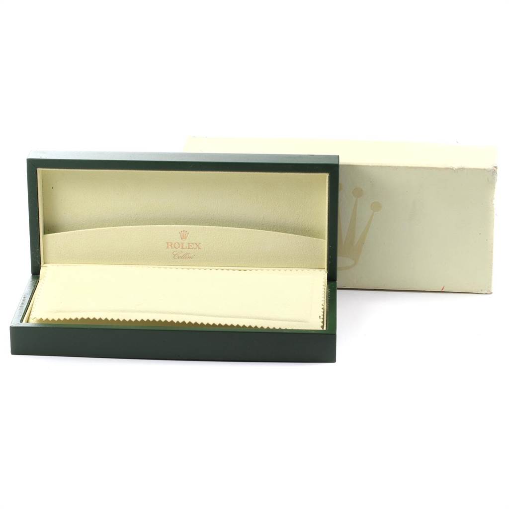 The image shows an open Rolex Cellini 5115 Men
s White Gold Silver Dial 5115 Men
s White Gold Silver Dial watch box and its outer packaging, with the interior lining and logo visible.