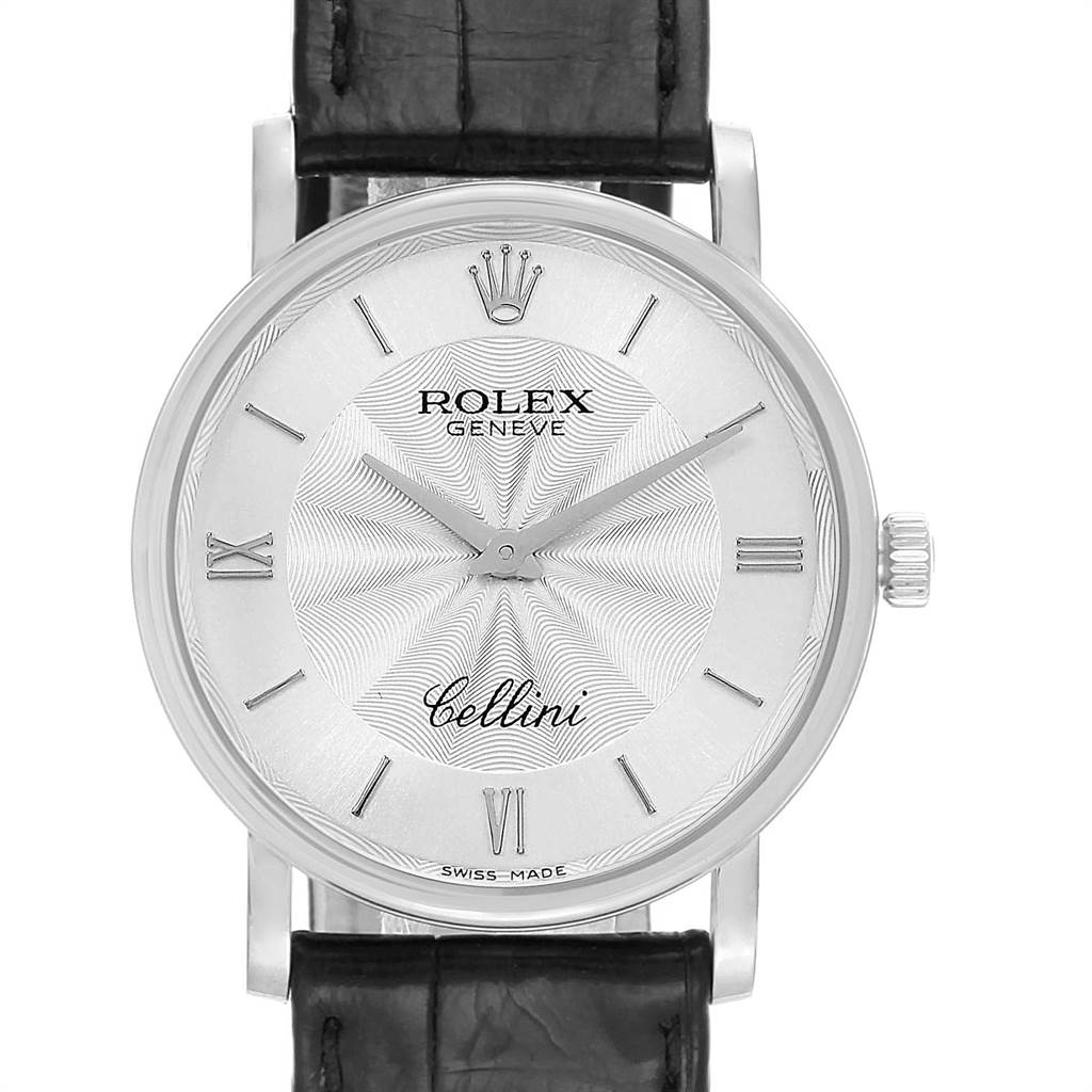 The image shows the front view of a Rolex Cellini 5115 Men
s White Gold Silver Dial 5115 Men
s White Gold Silver Dial watch, including the dial, hour markers, hands, and part of the strap.