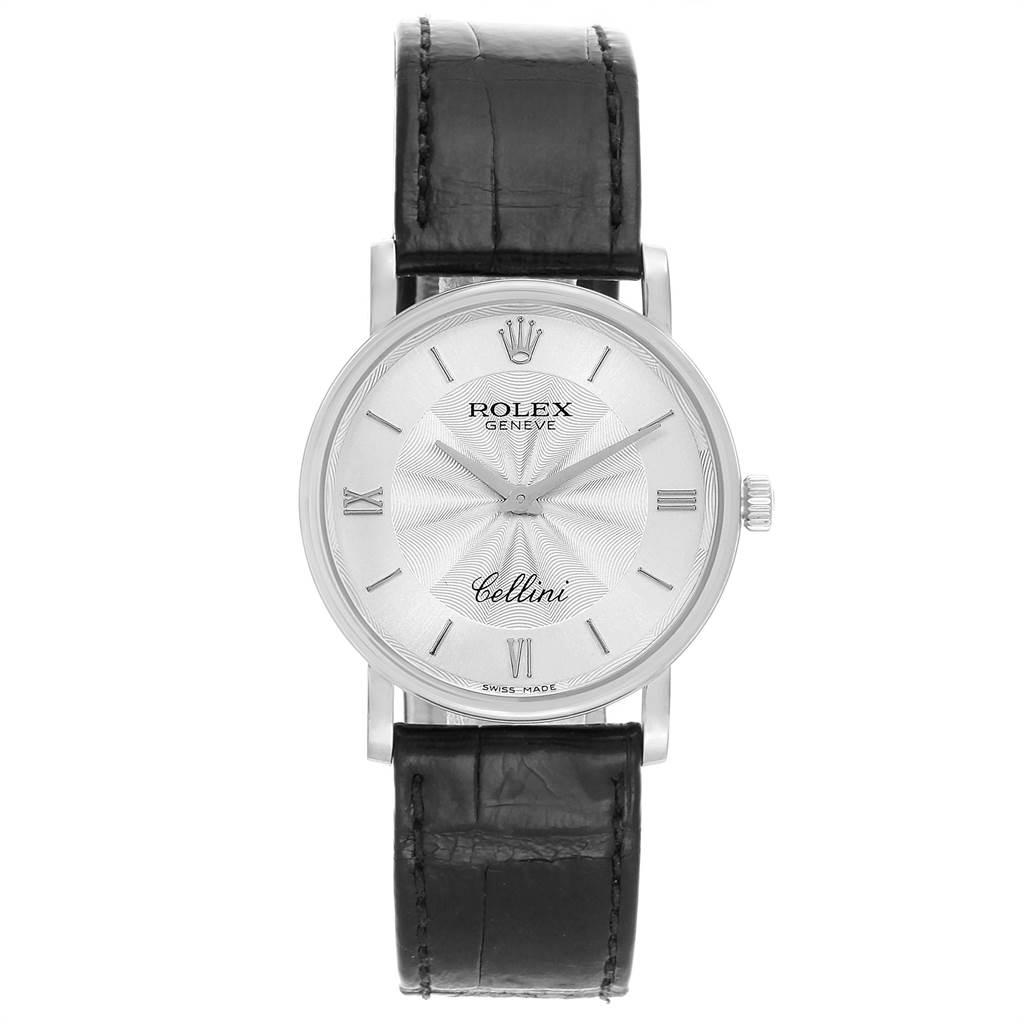 This image shows a Rolex Cellini 5115 Men
s White Gold Silver Dial 5115 Men
s White Gold Silver Dial watch from a front angle, highlighting its dial and black leather strap.