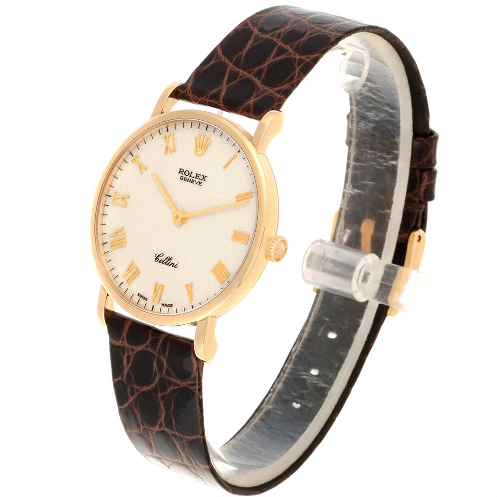 The image shows a Rolex Cellini 5112 Men's Yellow Gold Beige Dial 5112 Men's Yellow Gold Beige Dial watch at a three-quarter angle, highlighting the face, crown, and leather strap.