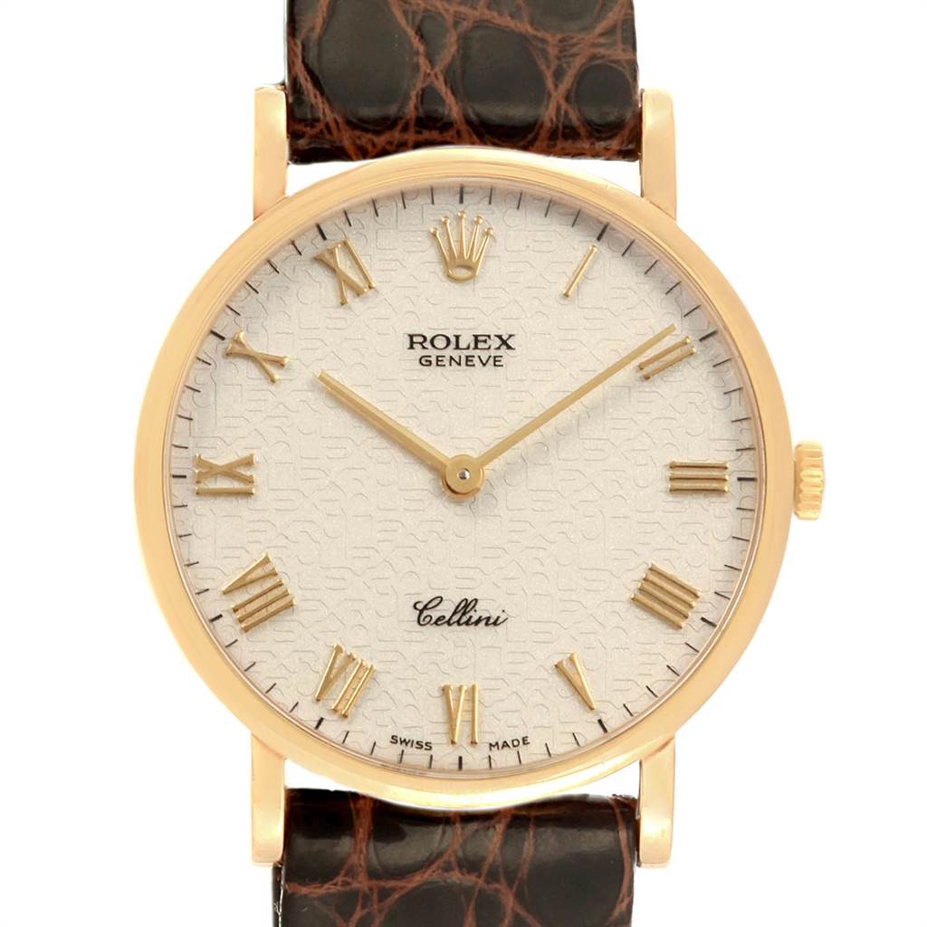 The image displays a Rolex Cellini 5112 Men's Yellow Gold Beige Dial 5112 Men's Yellow Gold Beige Dial watch from a front angle, showcasing the face, Roman numeral markers, and the leather strap.