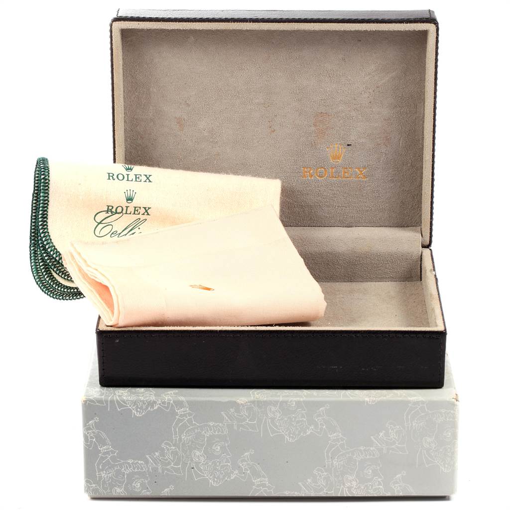 The image shows an open Rolex Cellini 5112 Men's Yellow Gold Beige Dial 5112 Men's Yellow Gold Beige Dial watch box, a cleaning cloth, and the outer packaging.