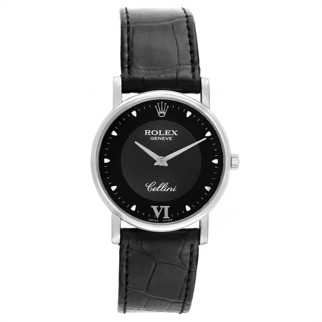 This image shows a front view of the Rolex Cellini 5115 Men
s White Gold Black Dial 5115 Men
s White Gold Black Dial watch, displaying its black dial, hands, and leather strap.