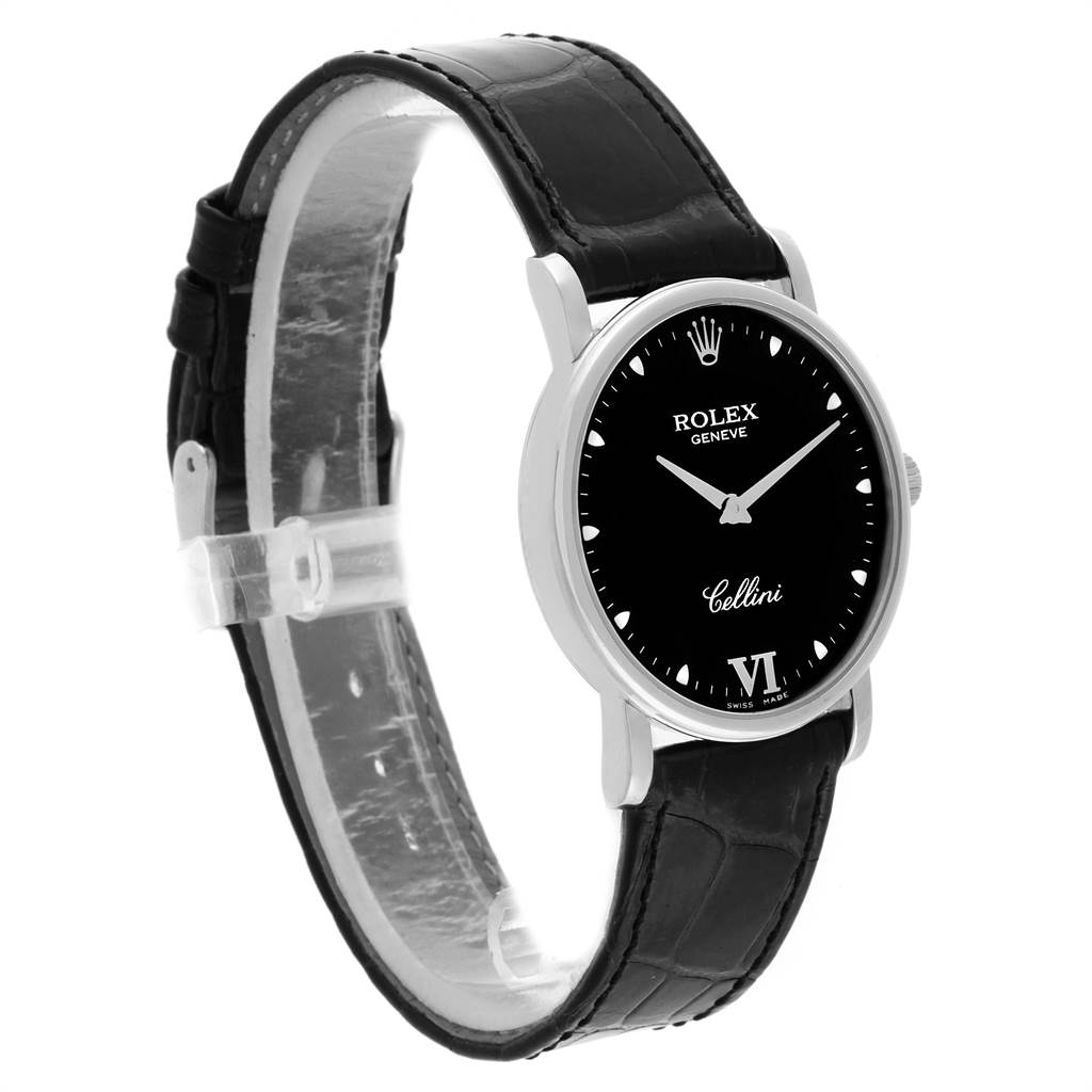 The image shows a Rolex Cellini 5115 Men
s White Gold Black Dial 5115 Men
s White Gold Black Dial watch at a three-quarter angle, highlighting the black dial, leather strap, and case.