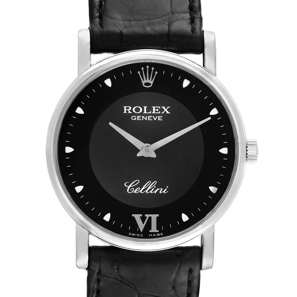 This image shows a frontal view of the Rolex Cellini 5115 Men
s White Gold Black Dial 5115 Men
s White Gold Black Dial watch, showcasing its dial, hands, crown, and part of the strap.