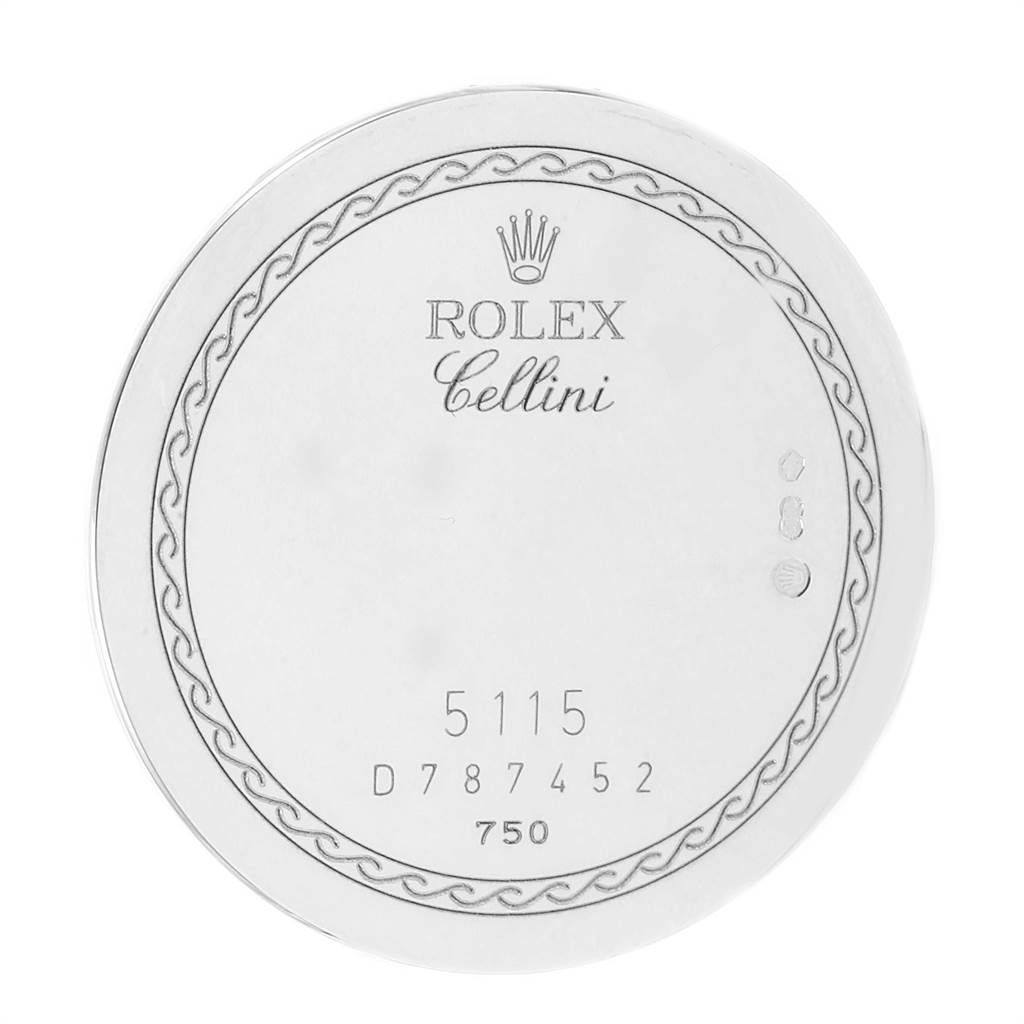 This image shows the back case of the Rolex Cellini 5115 Men
s White Gold Black Dial 5115 Men
s White Gold Black Dial model, displaying the brand name, model name, and serial number.