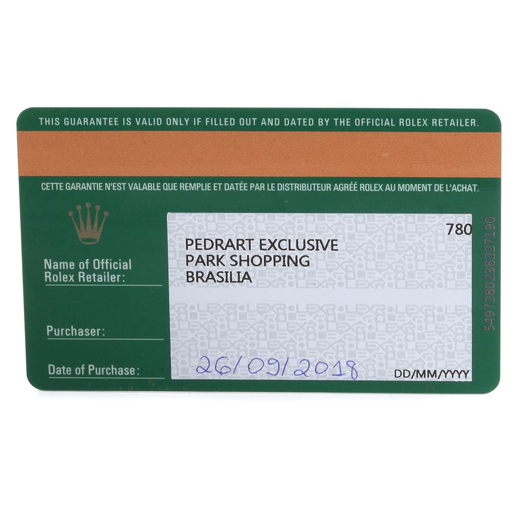 This is a guarantee card for the Rolex Cellini 5115 Men
s White Gold Black Dial 5115 Men
s White Gold Black Dial watch, showing retailer details and date of purchase.