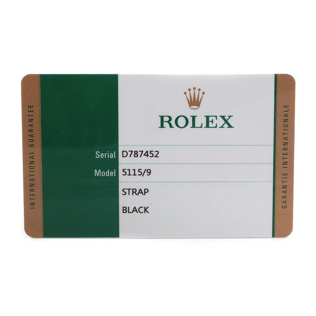 This image shows an international guarantee card for the Rolex Cellini 5115 Men
s White Gold Black Dial 5115 Men
s White Gold Black Dial model 5115/9 with serial number D787452.