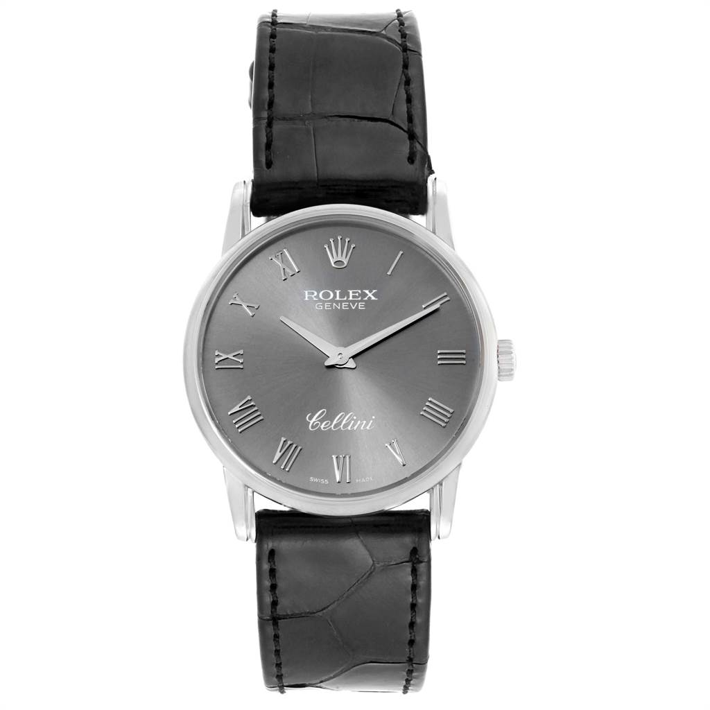 The image shows a front view of a Rolex Cellini 5116 Men
s White Gold Grey Dial 5116 Men
s White Gold Grey Dial watch with a black leather strap and a grey dial.