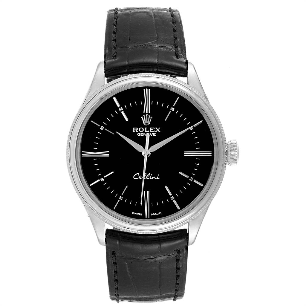 The image shows a front view of a Rolex Cellini 50509 Men's White Gold Black Dial 50509 Men's White Gold Black Dial watch displaying the face, case, and leather strap.