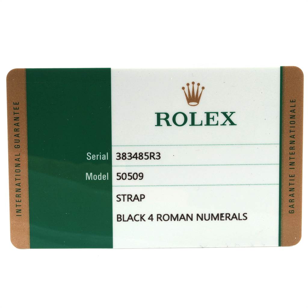 The image shows a warranty card for a Rolex Cellini 50509 Men's White Gold Black Dial 50509 Men's White Gold Black Dial model 50509 with a black strap and Roman numerals.