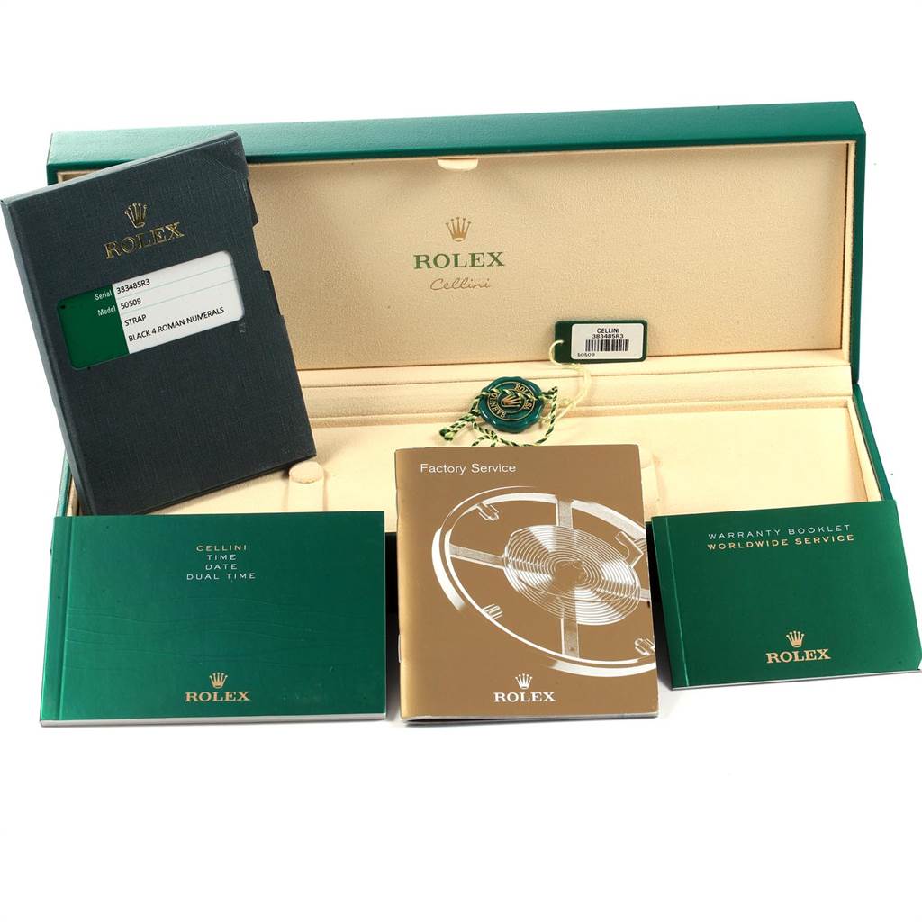The image shows a Rolex Cellini 50509 Men's White Gold Black Dial 50509 Men's White Gold Black Dial watch box, booklets, a tag, and documents laid out at an overhead angle.