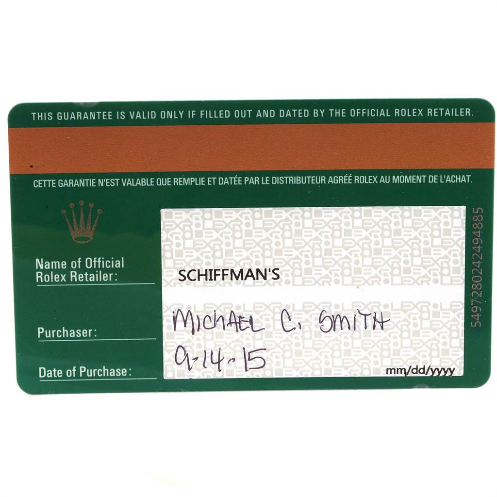 This image shows the guarantee card from the Cellini model by Rolex, filled out with purchaser details.